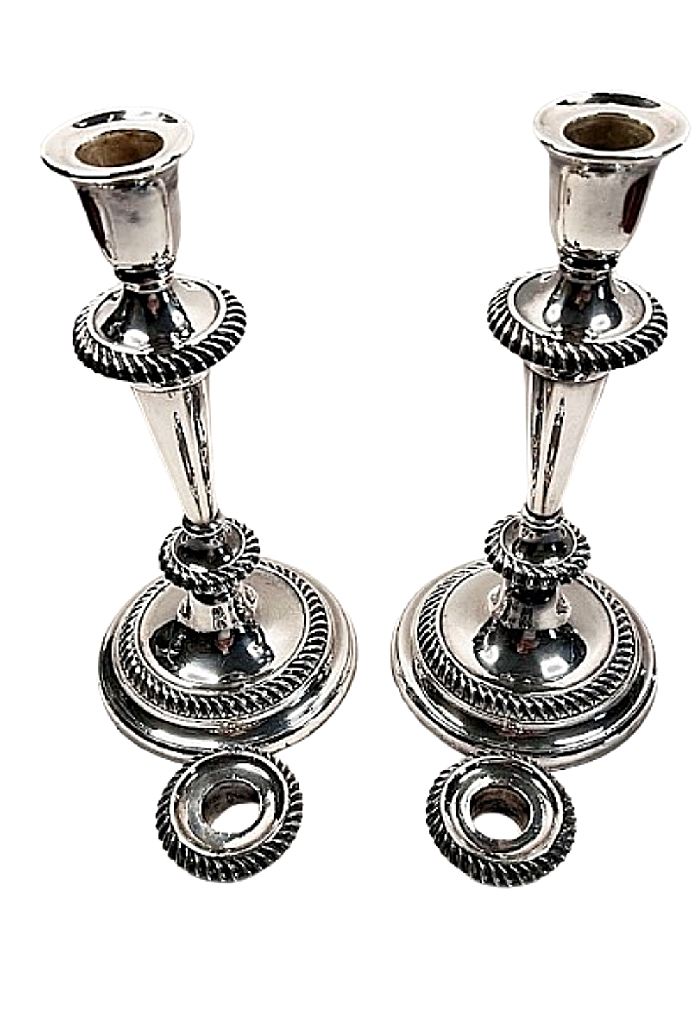 Antique Pair ENGLISH SILVERPLATE CANDLESTICKS 1873-1888 George Richmond Collis Hallmarks Removable Bobèches