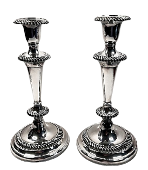 Antique Pair ENGLISH SILVERPLATE CANDLESTICKS 1873-1888 George Richmond Collis Hallmarks Removable Bobèches