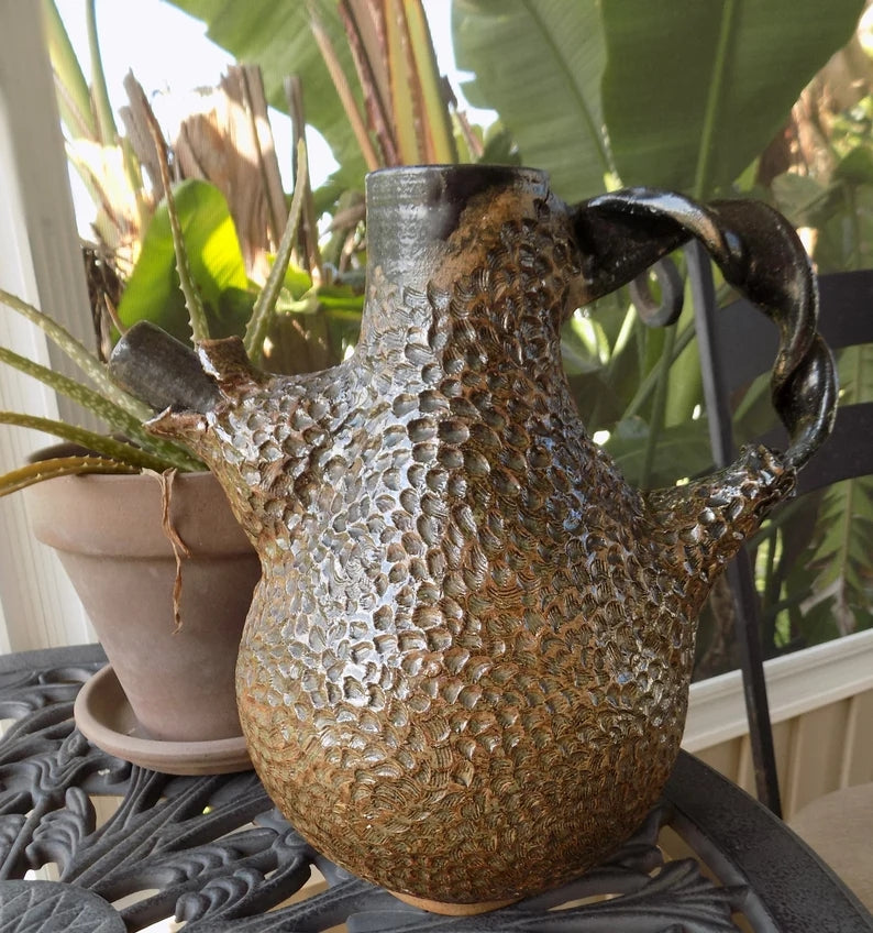 Brutalist Design Art Pottery Pitcher by  Eugenia Meltzer with plants