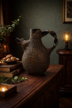 Brutalist Design Art Pottery Pitcher by  Eugenia Meltzer next to booksand nuts with candle glowing
