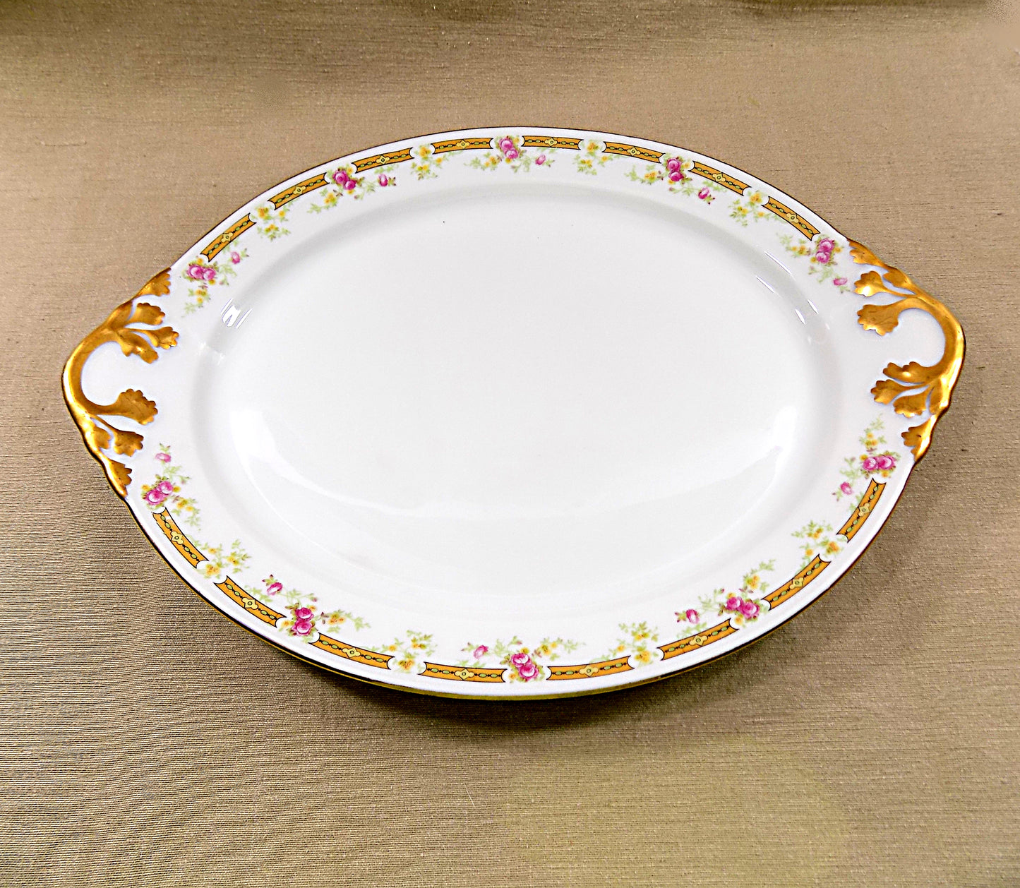 ANTIQUE LIMOGES PLATTERS Matched Pair by William Guerin 1891-1900 French Porcelain Pink and Yellow Roses Gold Trim