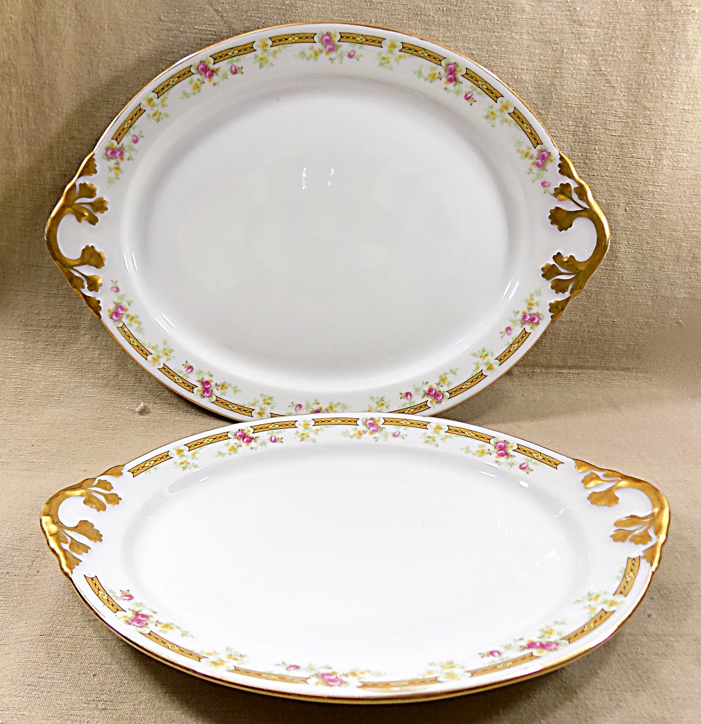 ANTIQUE LIMOGES PLATTERS Matched Pair by William Guerin 1891-1900 French Porcelain Pink and Yellow Roses Gold Trim