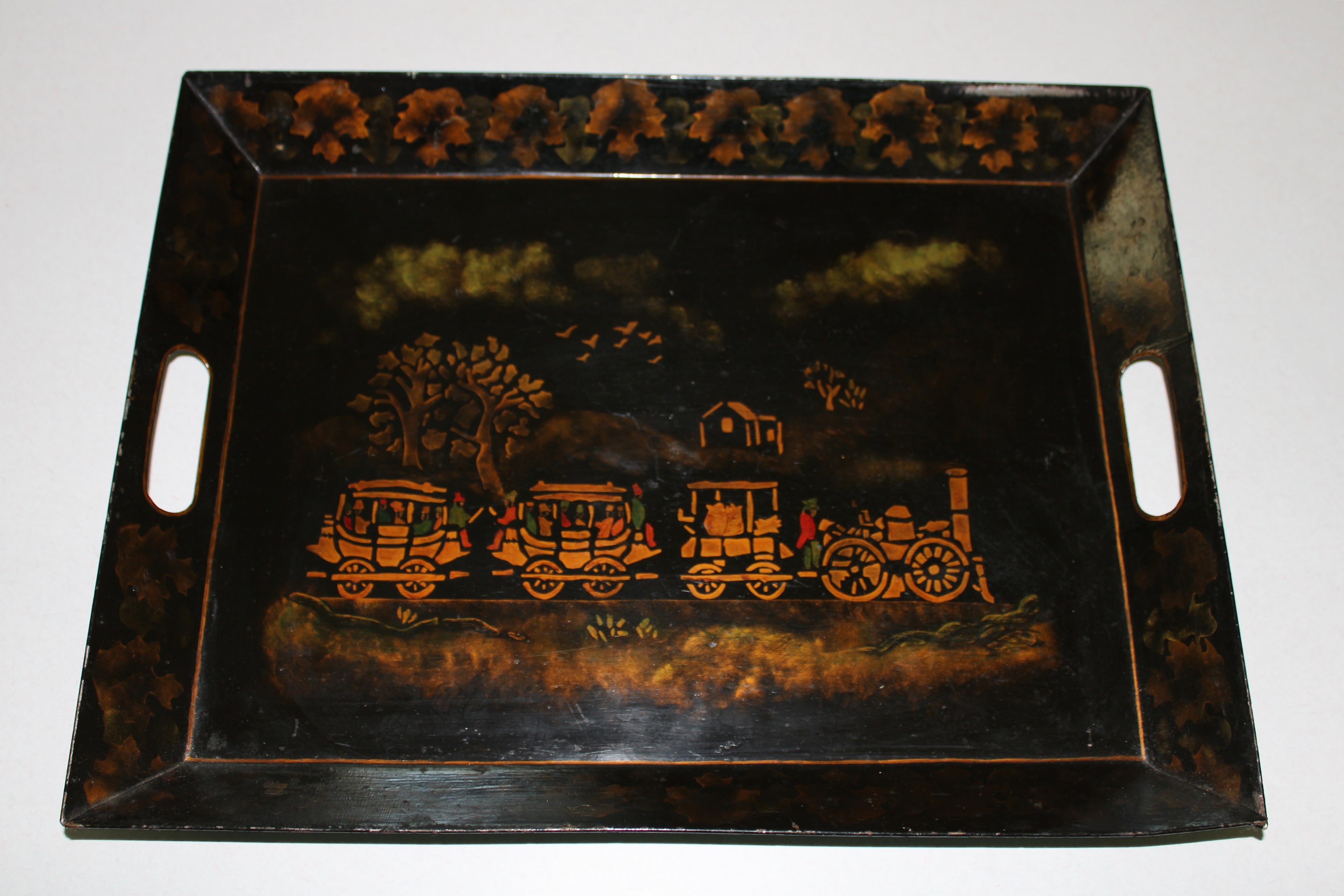 DeWitt Clinton  Albany to Schenectady Steam Train Tole Painted Tray on white Background