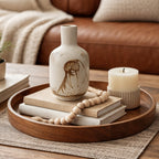 Alaska Art Hand Painted Pottery Walrus Vase On Coffee Table with tray,books, beads ad candle