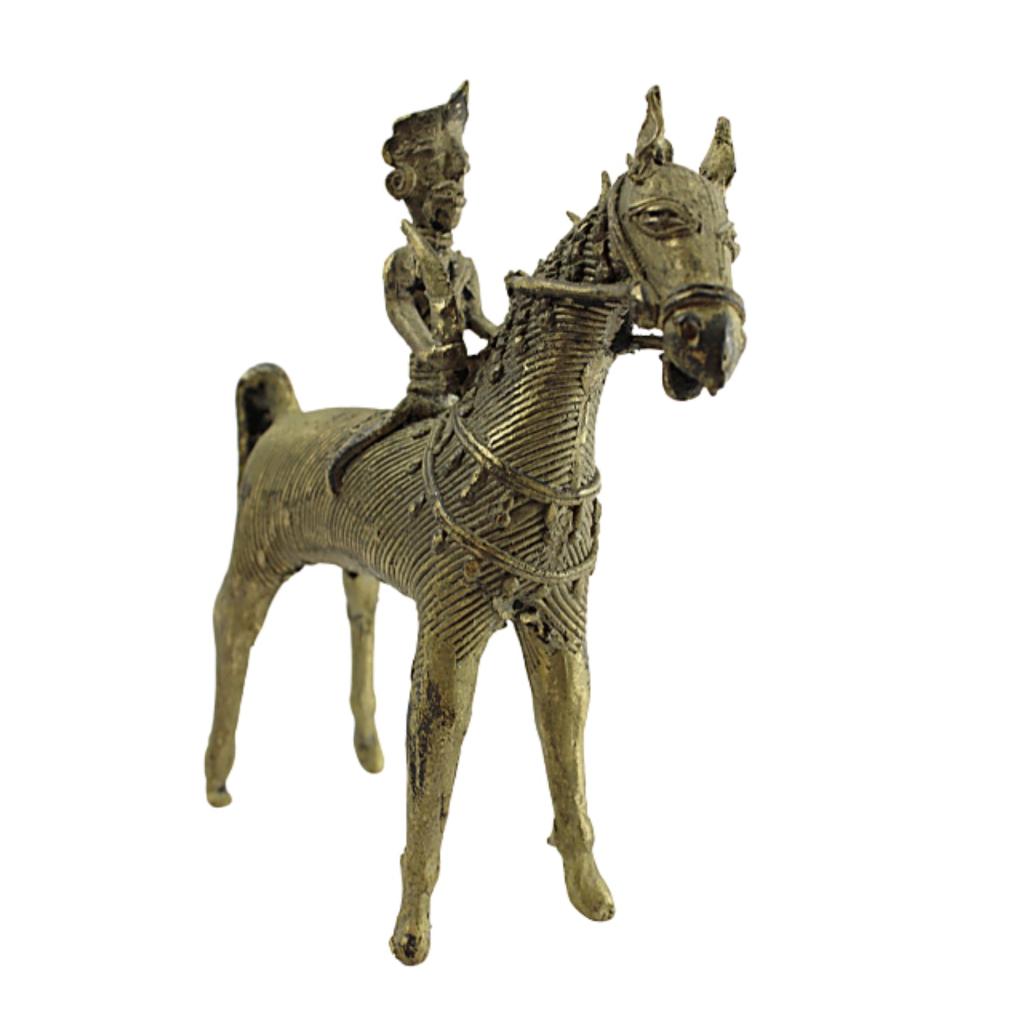 ANTIQUE BRASS DHOKRA Horse and Warrior               Lost Wax Figure From India