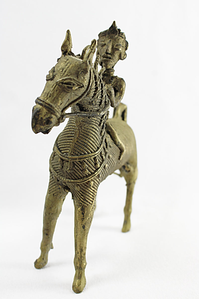 ANTIQUE BRASS DHOKRA Horse and Warrior               Lost Wax Figure From India