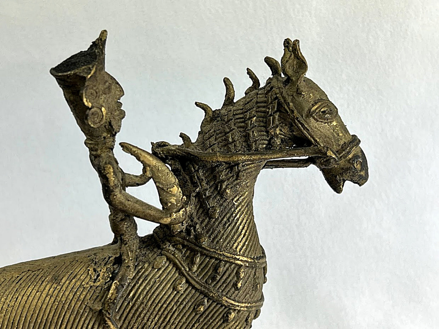 ANTIQUE BRASS DHOKRA Horse and Warrior               Lost Wax Figure From India