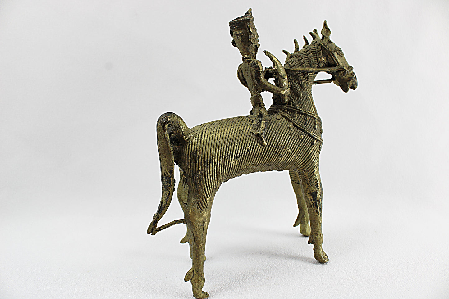 ANTIQUE BRASS DHOKRA Horse and Warrior               Lost Wax Figure From India