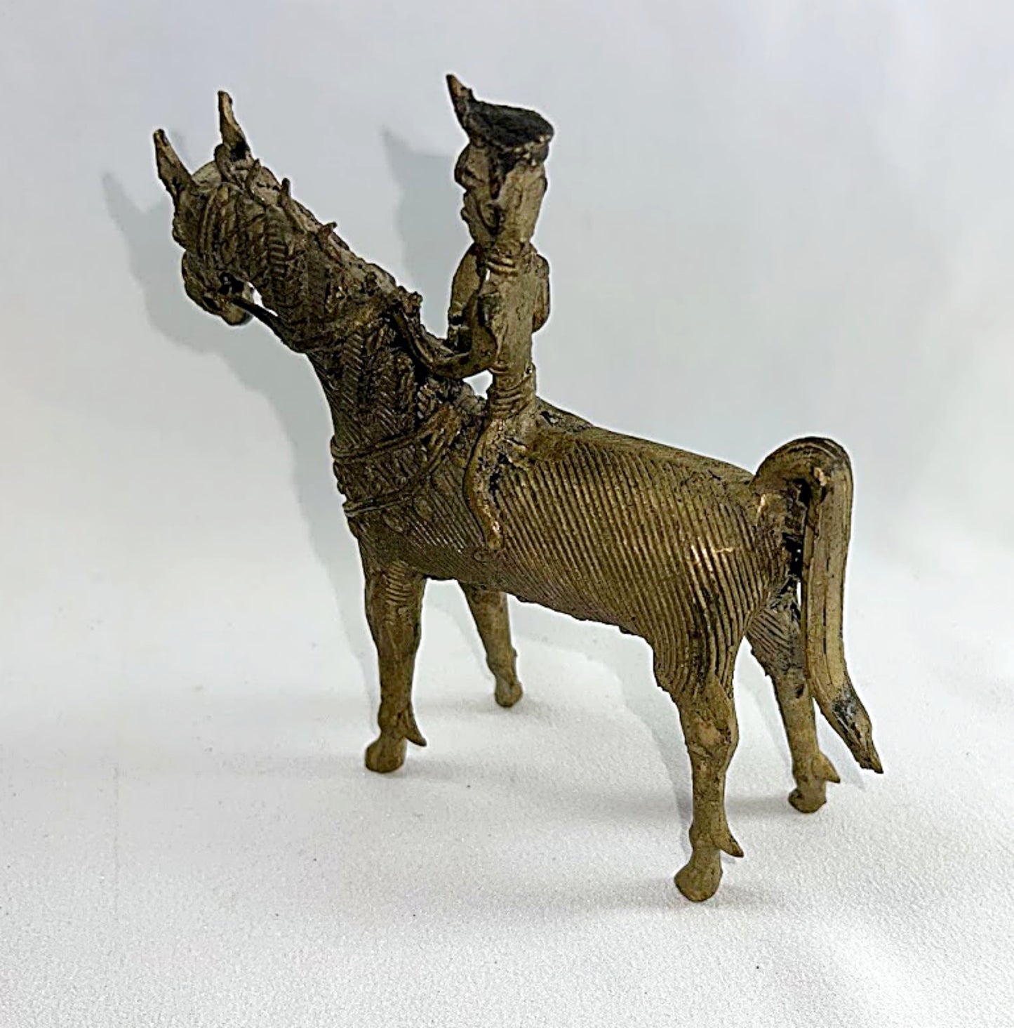 ANTIQUE BRASS DHOKRA Horse and Warrior               Lost Wax Figure From India