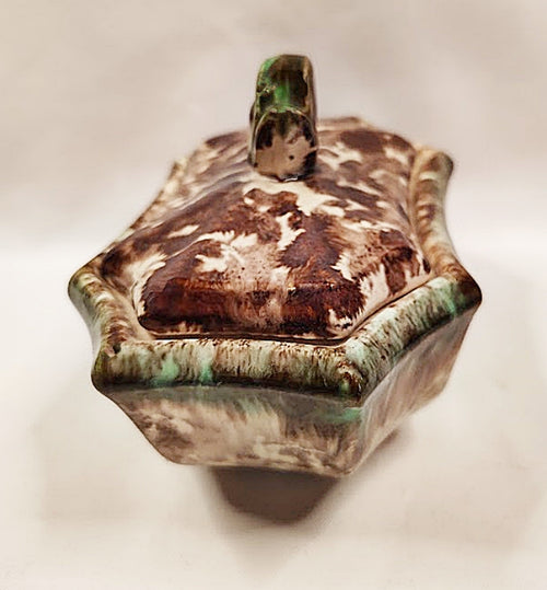 Antique Lidded Sponged Pottery Box from Germany-end view lid on