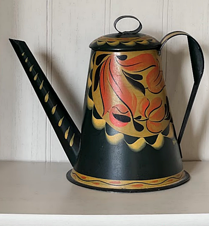 Tole Painted Tin Coffee Pot Signed by George Burton on Shef