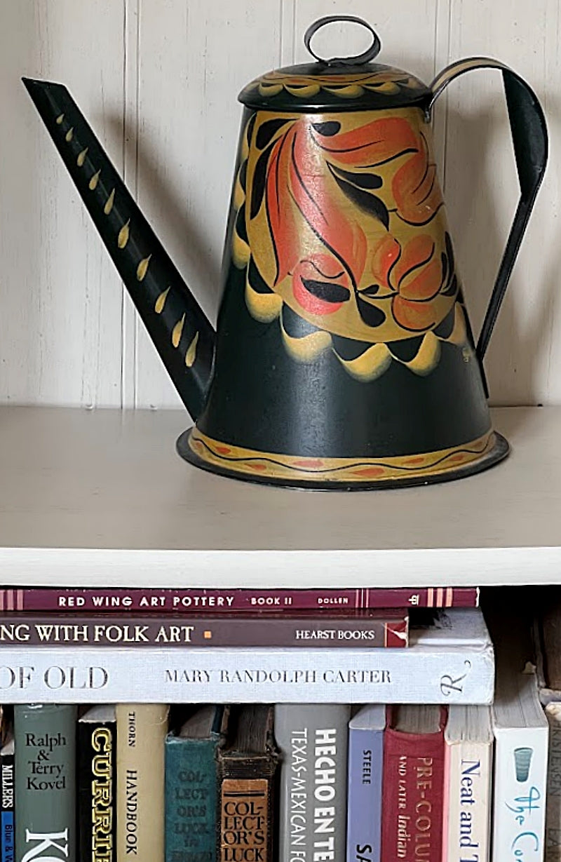 Tole Painted Tin Coffee Pot Signed by George Burton on Book Shelf