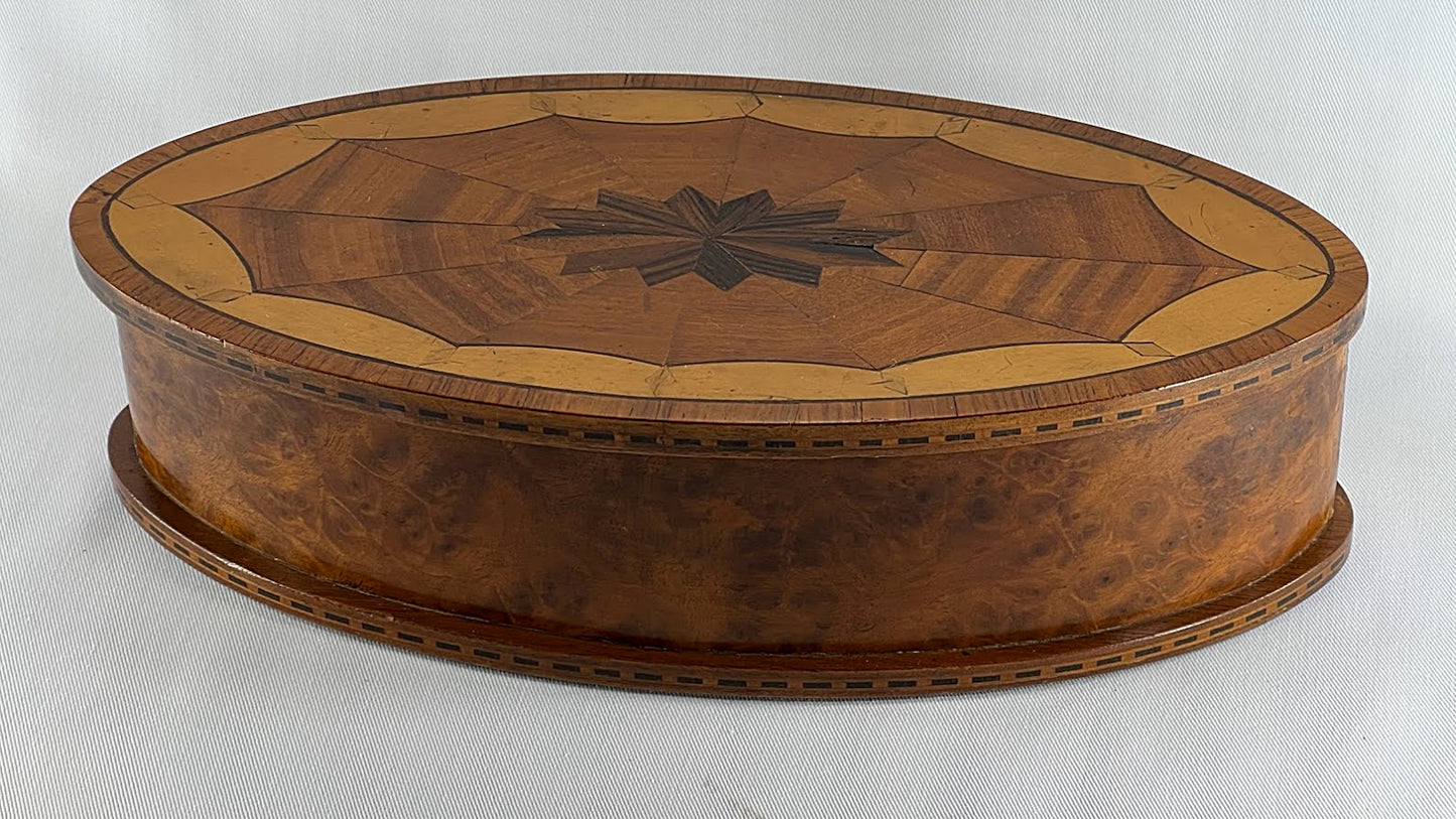 ANTIQUE PARQUETRY Oval Lidded Wooden Box Handmade Walnut