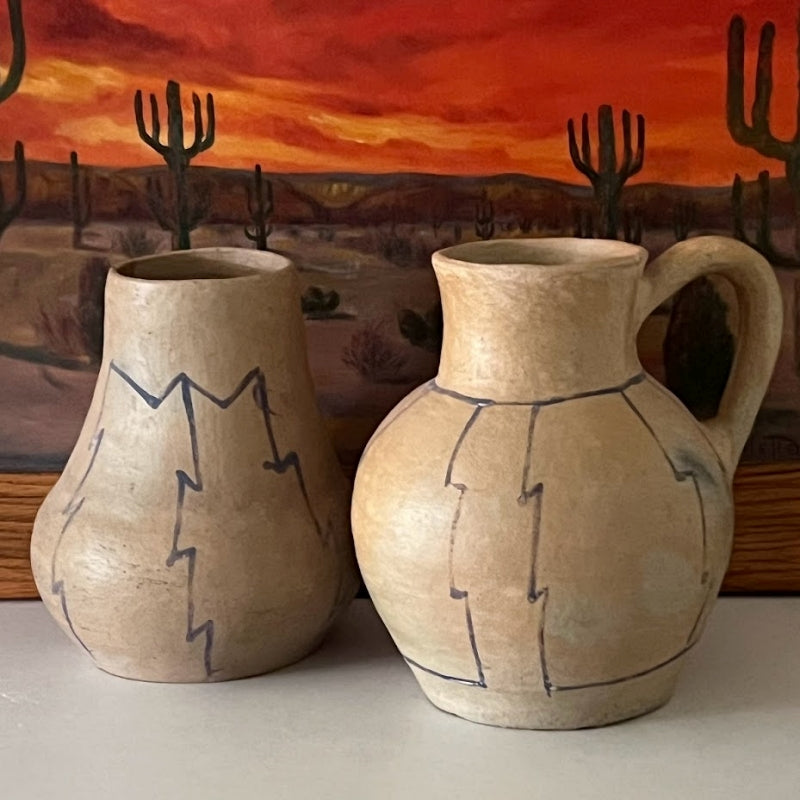 Southwestern Pottery Hand Coiled Buff Clay  Jar and Pitcher