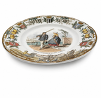 Decorative plate with a historical scene and decorative border on a white background