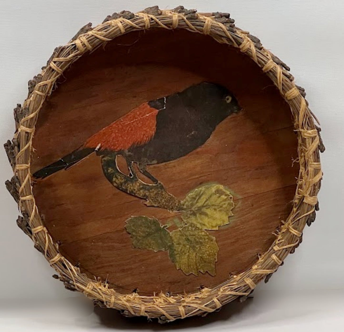 Vintage Pine Needle Basket with CHILD's FOLK ART Decoupage circa 1940 Juanita, Washington