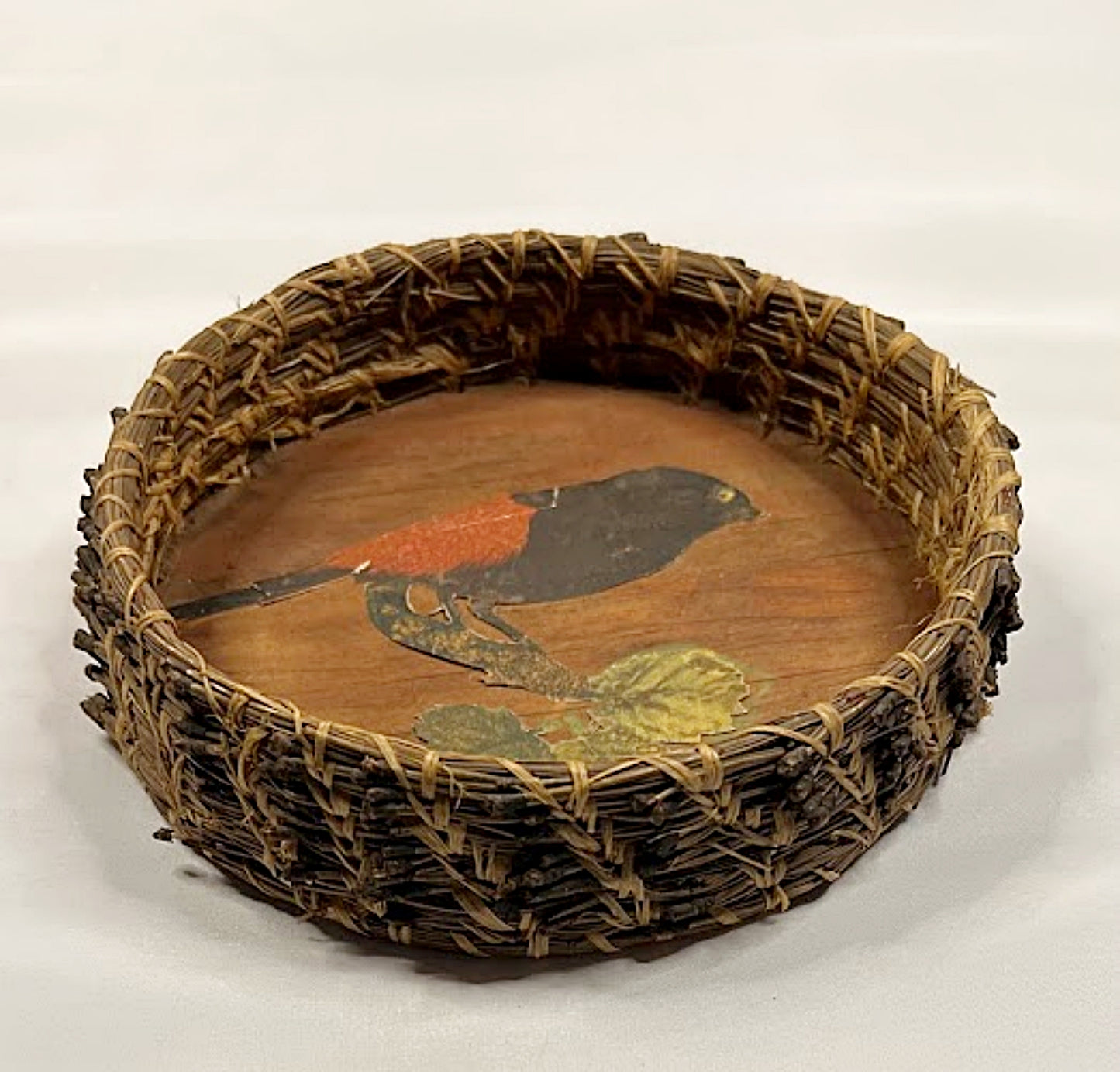 Vintage Pine Needle Basket with CHILD's FOLK ART Decoupage circa 1940 Juanita, Washington