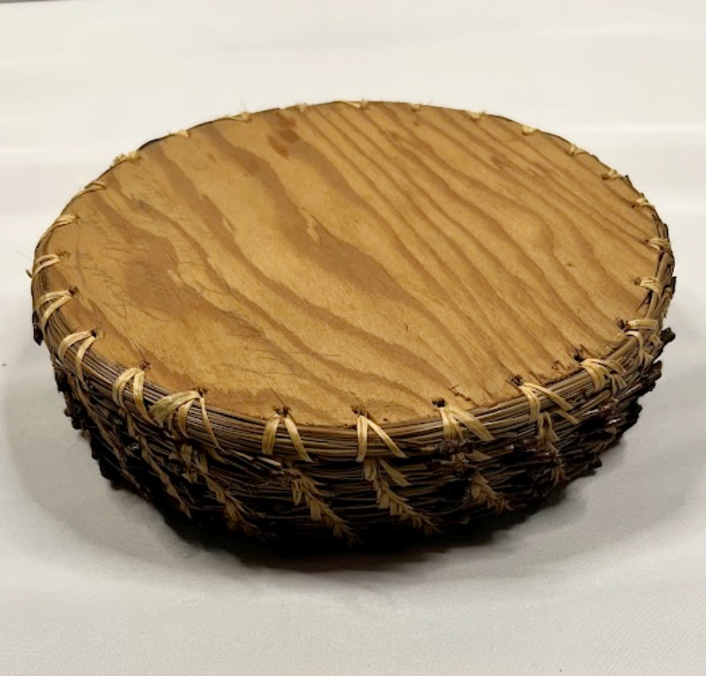 Vintage Pine Needle Basket with CHILD's FOLK ART Decoupage circa 1940 Juanita, Washington