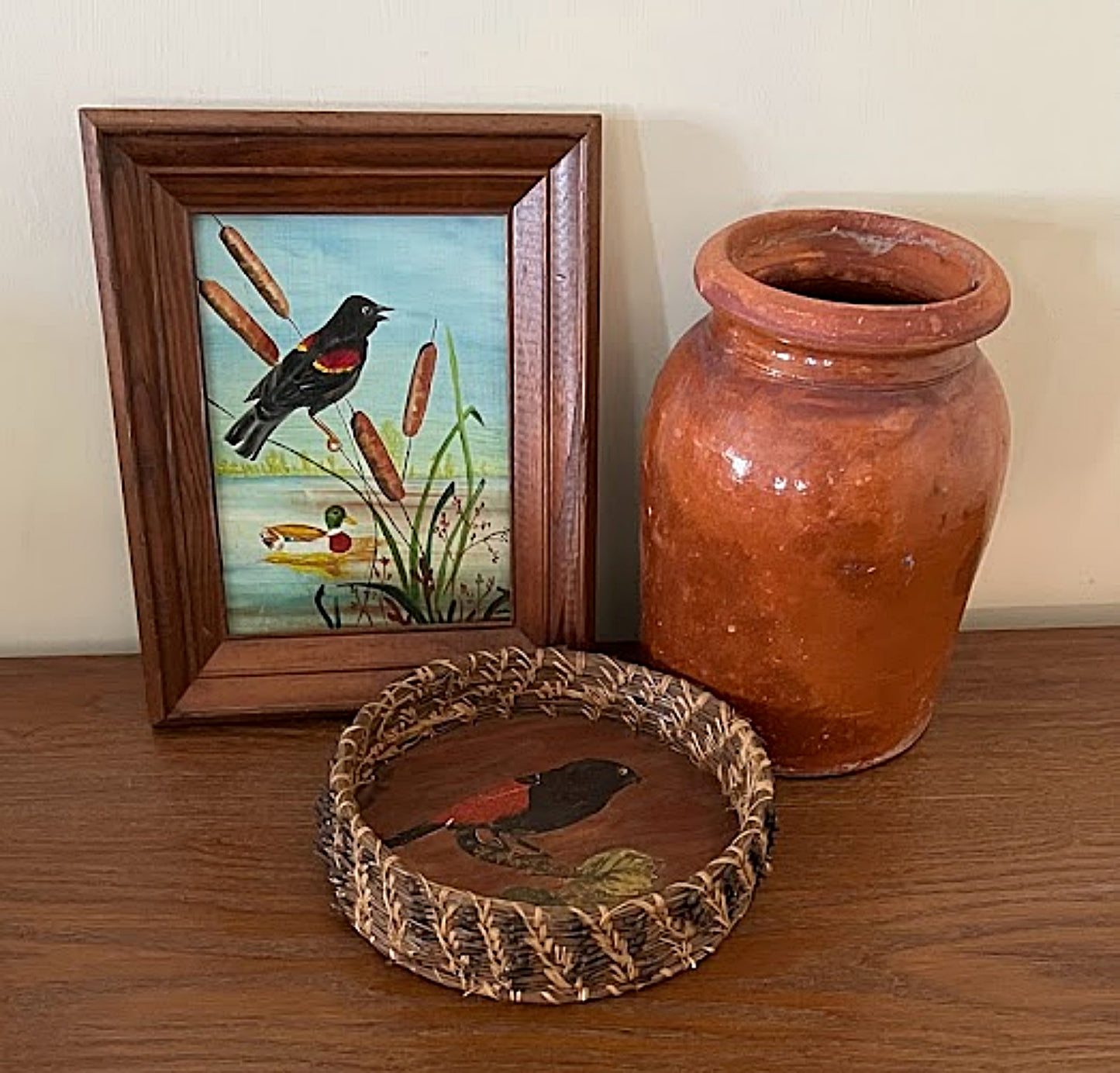 Vintage Pine Needle Basket with CHILD's FOLK ART Decoupage circa 1940 Juanita, Washington