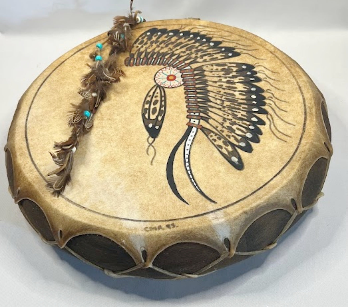 Vintage NATIVE AMERICAN 17 Inch Hoop Drum Hand Painted Rawhide Cottonwood Frame 1993 Signed