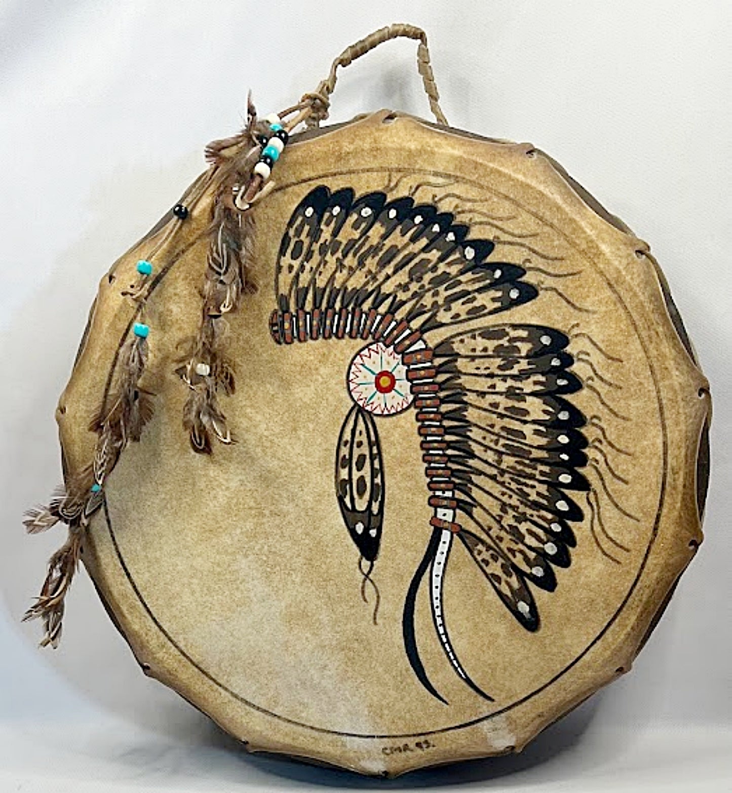 Vintage NATIVE AMERICAN 17 Inch Hoop Drum Hand Painted Rawhide Cottonwood Frame 1993 Signed