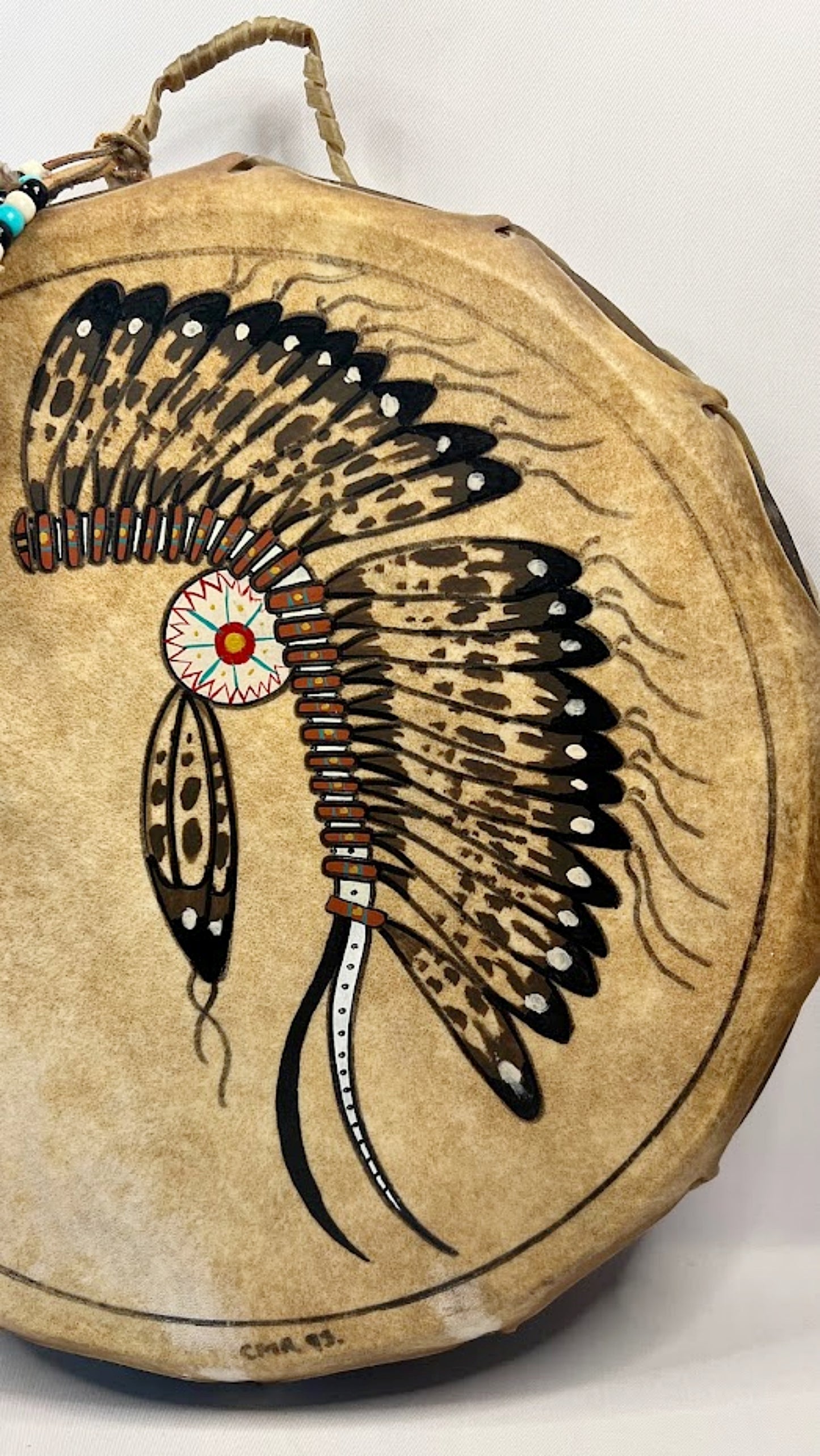 Vintage NATIVE AMERICAN 17 Inch Hoop Drum Hand Painted Rawhide Cottonwood Frame 1993 Signed