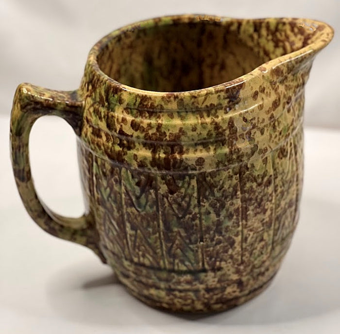 1920s Morton Pottery  Large Yellow Ware Pitcher Sponged Woodland Glaze