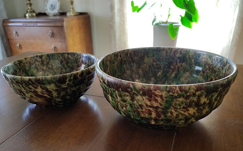 Morton Pottery Antique Pair Yellow Ware Mixing Bowls on table natural light