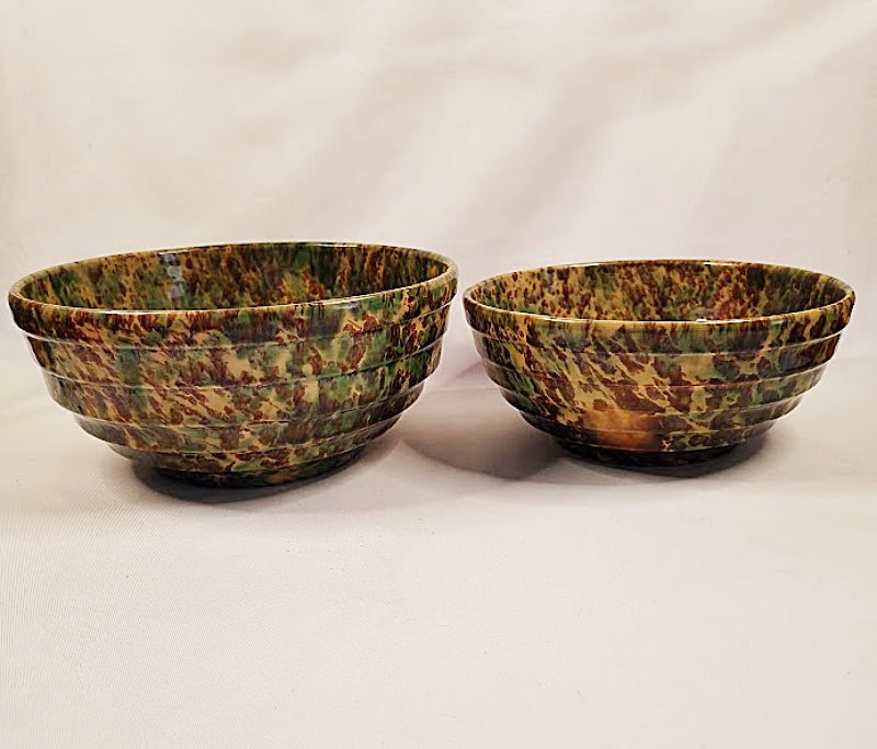 Morton Pottery Antique Pair Yellow Ware Mixing Bowls side by side