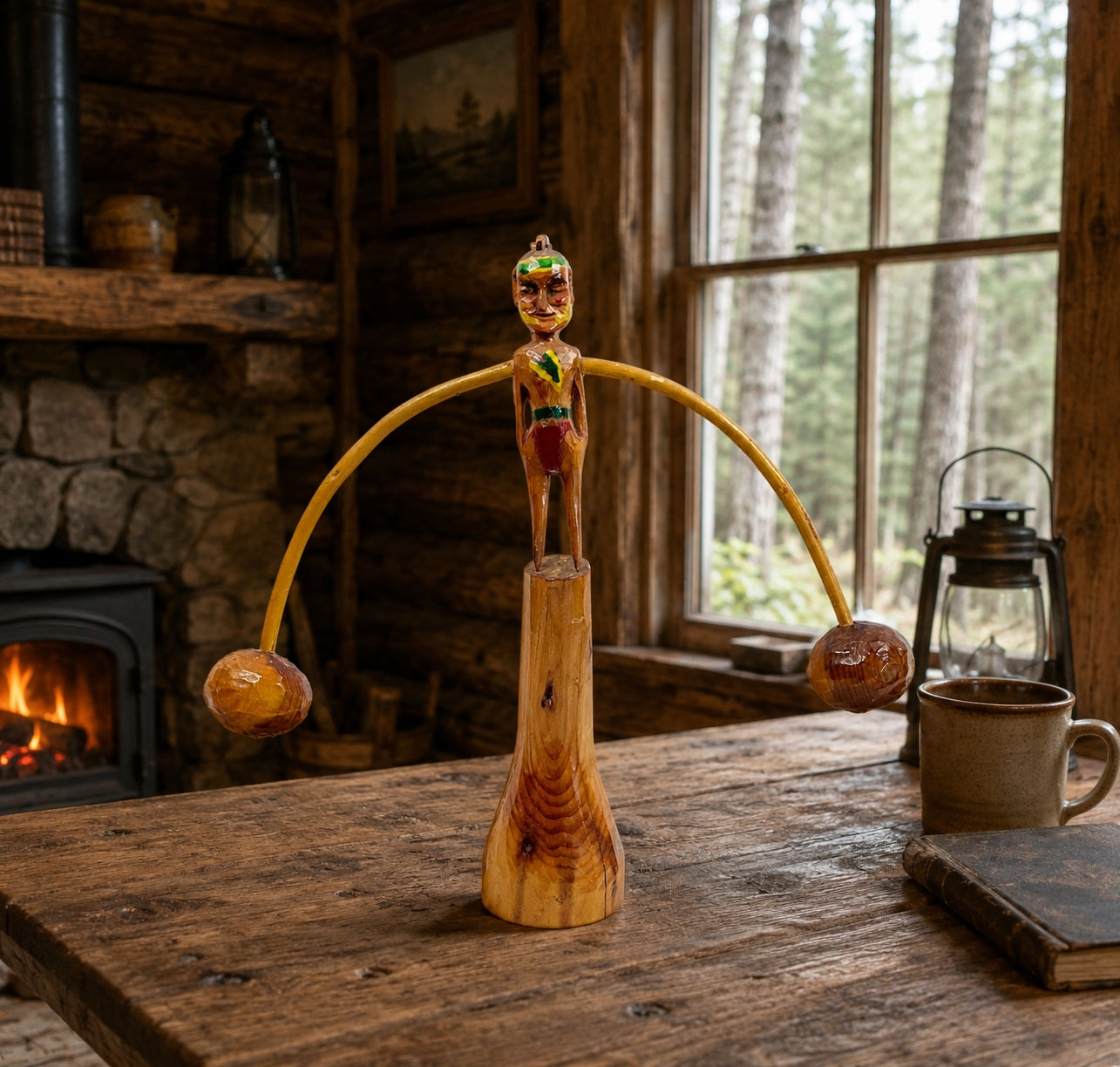 Wooden Handmade Balance Toy figure on a stand with a fireplace and window in the background at a cabin in the woods
