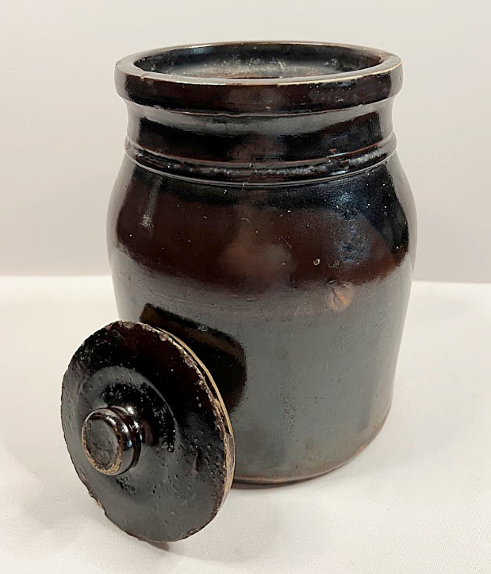 Antique Stoneware Jar Albany Slip Hand Thrown with ORIGINAL LID