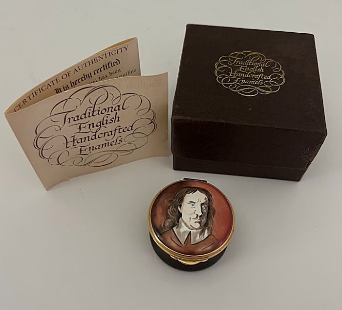 Toye, Kenning and Spencer Vintage English Enameled Box Oliver Cromwell Original Box and Leaflet