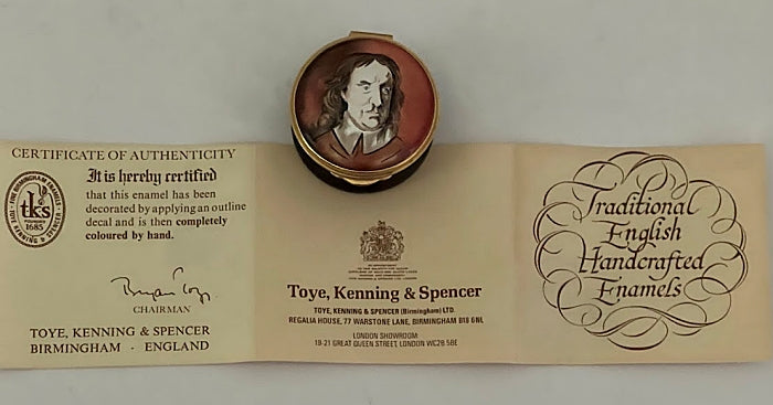 Toye, Kenning and Spencer Vintage English Enameled Box Oliver Cromwell Original Box and Leaflet