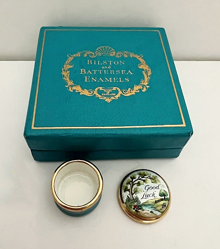 Vintage HALCYON DAYS English Enamel Miniature Box "Good Luck"