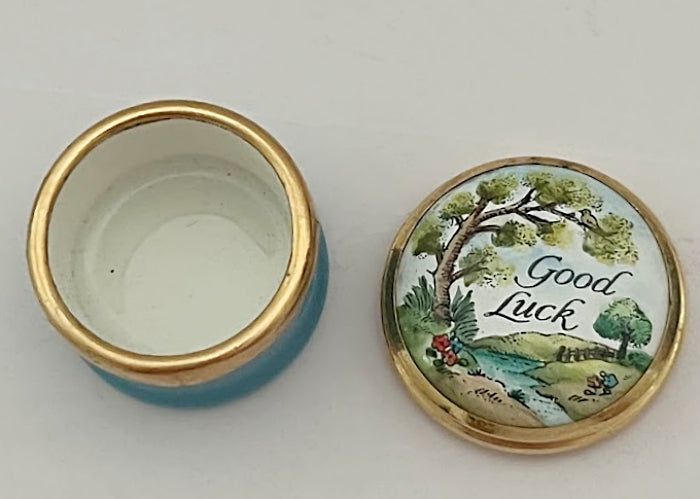 Vintage HALCYON DAYS English Enamel Miniature Box "Good Luck"