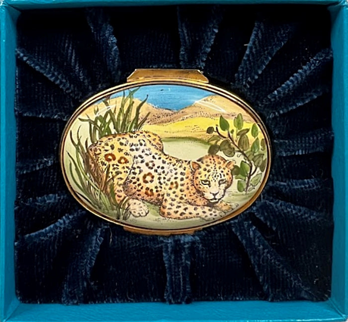 Vintage HALCYON DAYS English Enamel Box Leopard Motif