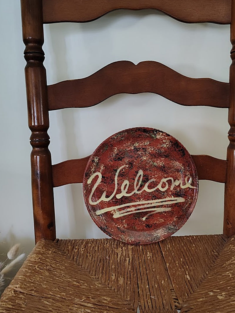  Gris Pottery Redware Plate Illinois on old chair