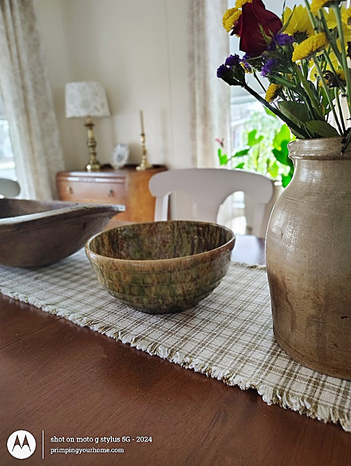 Antique Spongeware Yellow Ware Bowl Morton Pottery  1920s  on table