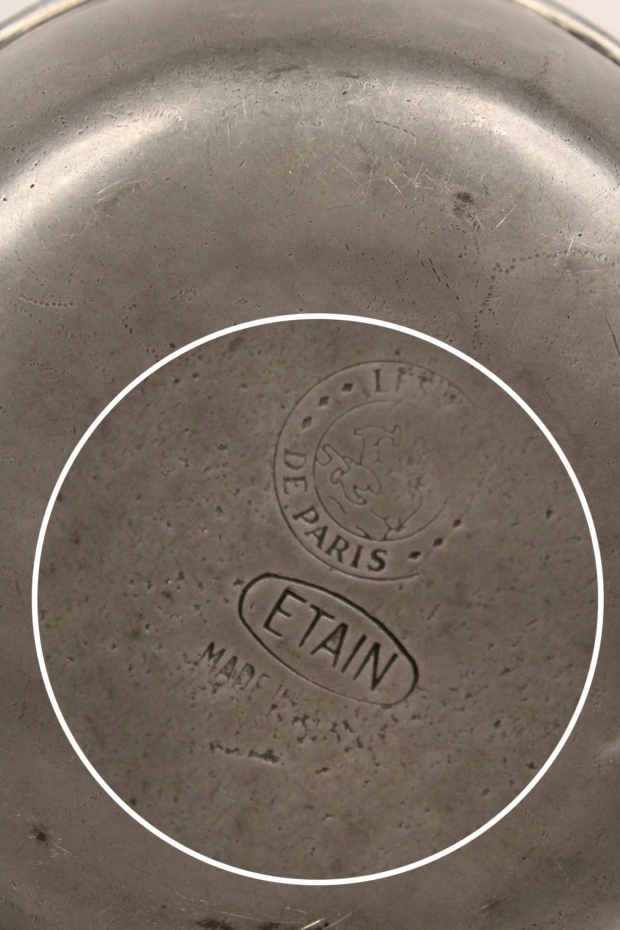 Large Vintage French Pewter Porringer by Les Etains de Paris Showing makers marks closeup