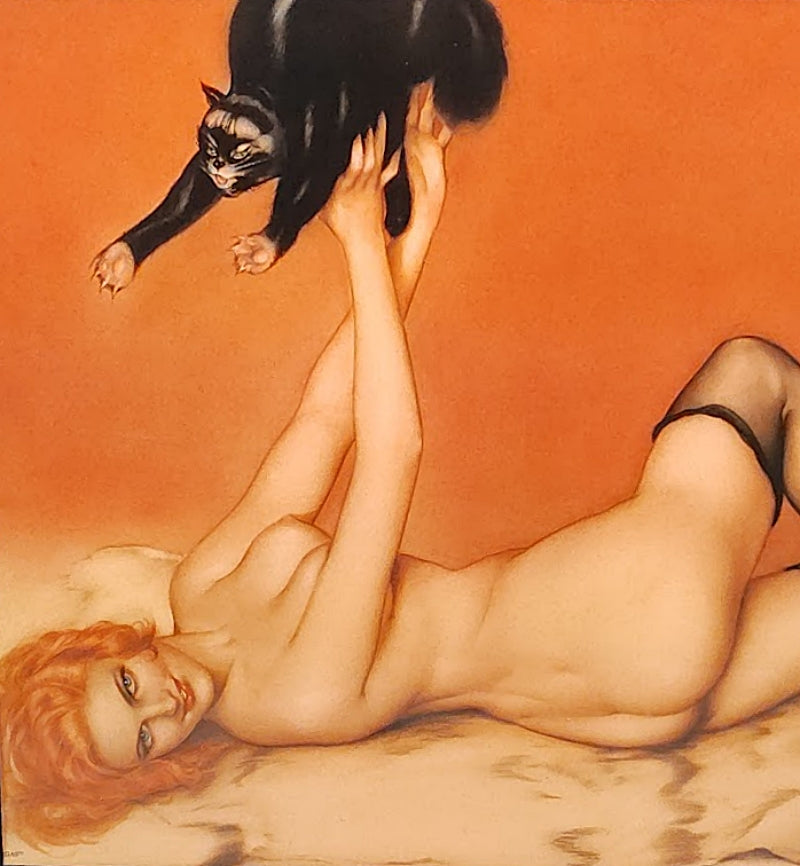 Vintage 1930s ALBERTO VARGAS Pin-up Feline Entr'acte holding black cat