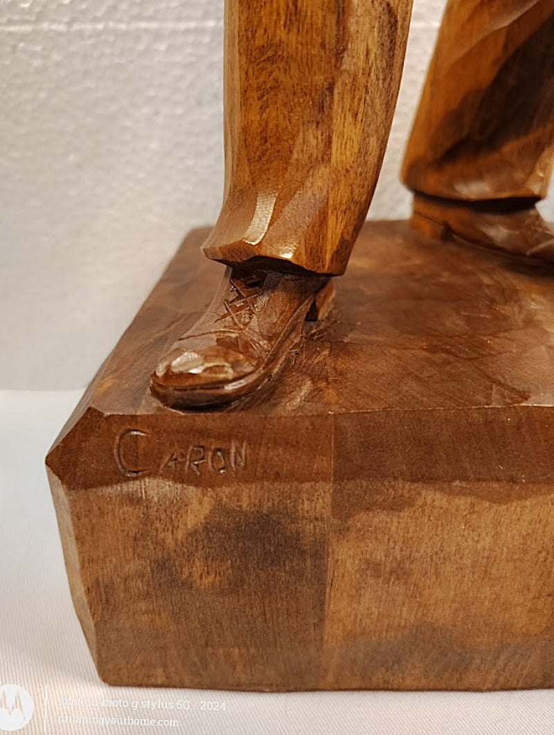 PAUL-EMILE CARON 25 Inch Tall Woodcarving of Violinist St.-Jean-Port-Jolie, Quebec signed area closeup