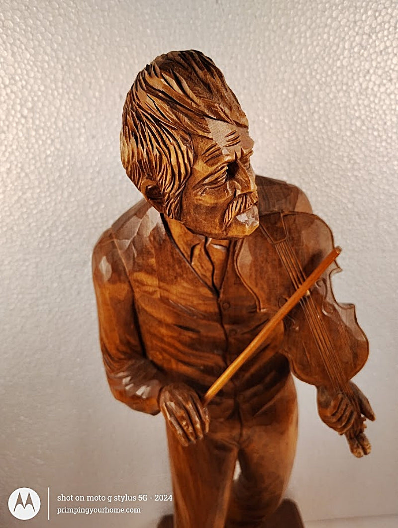 PAUL-EMILE CARON 25 Inch Tall Woodcarving of Violinist St.-Jean-Port-Jolie, Quebec violin view