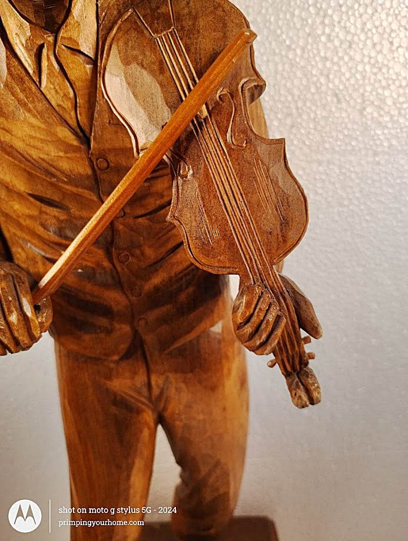 PAUL-EMILE CARON 25 Inch Tall Woodcarving of Violinist St.-Jean-Port-Jolie, Quebec-closeup violin