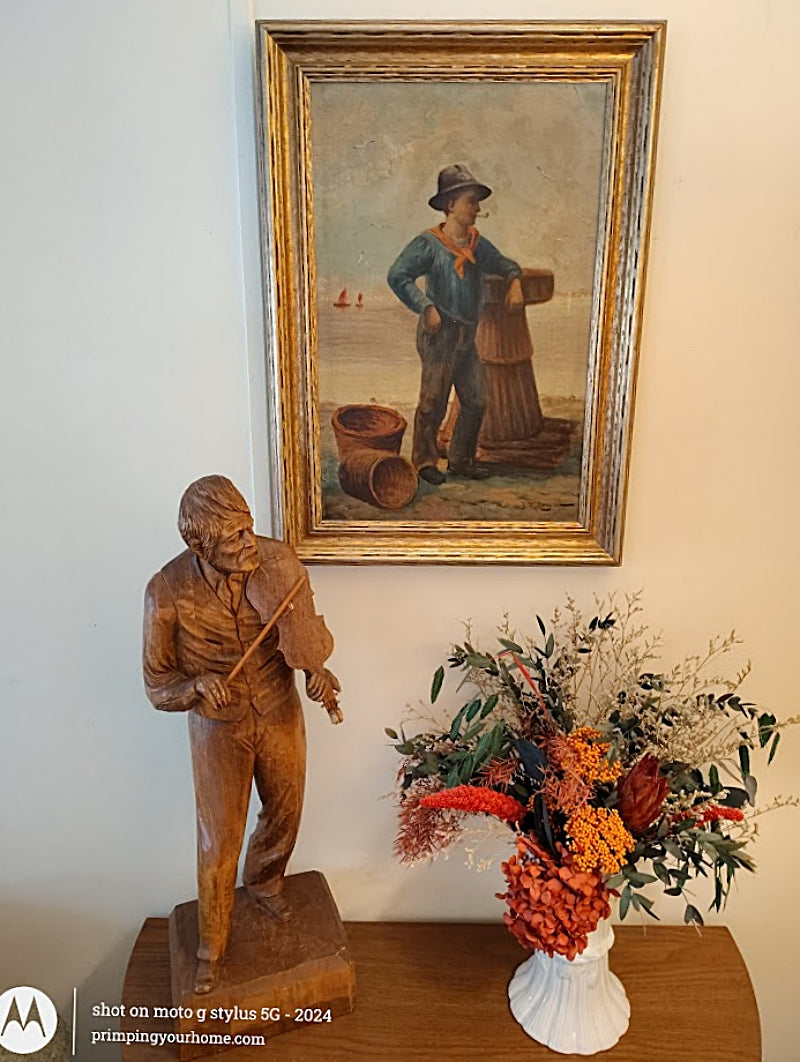 PAUL-EMILE CARON 25 Inch Tall Woodcarving of Violinist St.-Jean-Port-Jolie, Quebec with Framed Painting