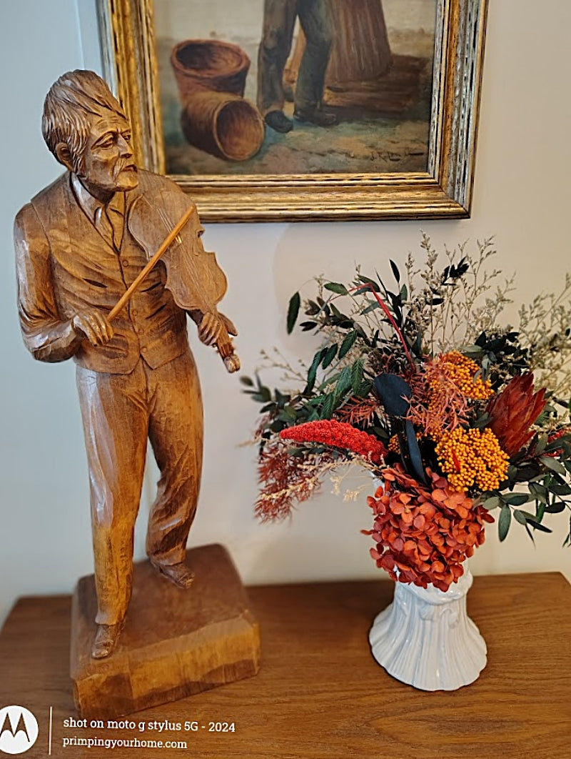 PAUL-EMILE CARON 25 Inch Tall Woodcarving of Violinist St.-Jean-Port-Jolie, Quebec on Table with dried flowers