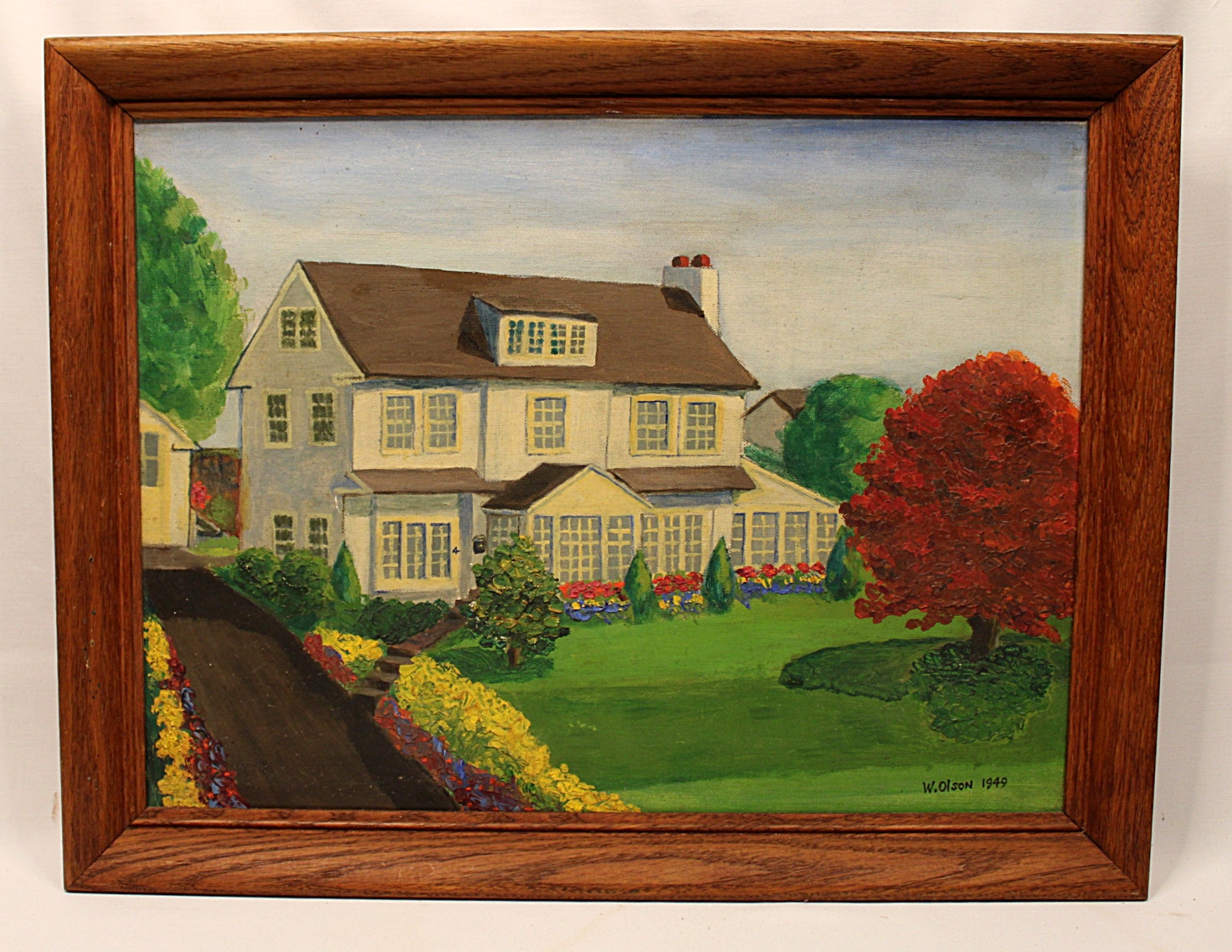 Vintage Oil Painting of House and Gardens Framed & Signed