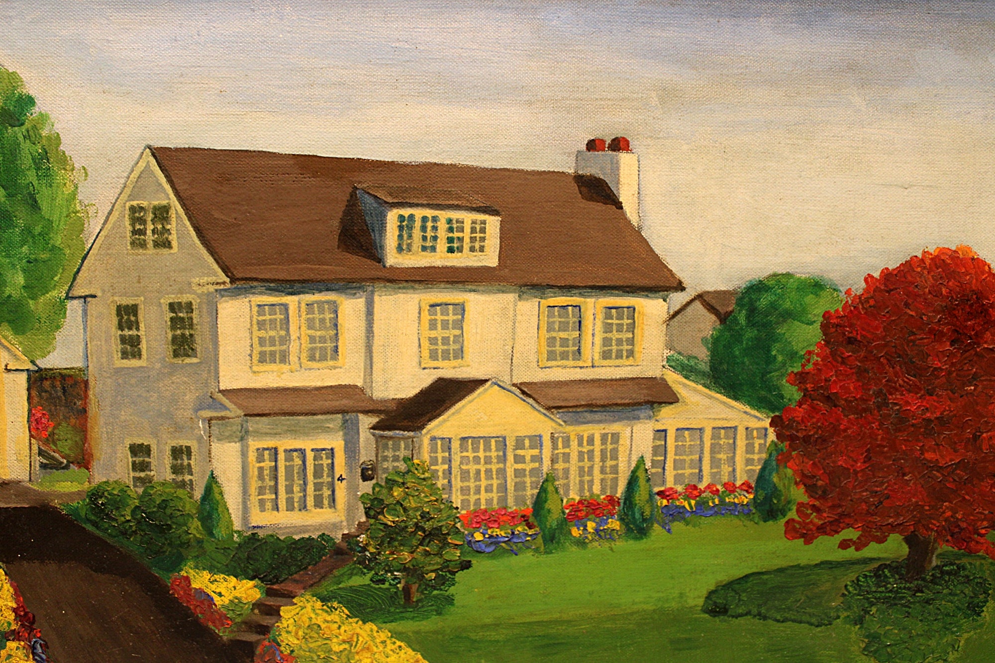 Vintage Oil Painting of House and Gardens Framed & Signed
