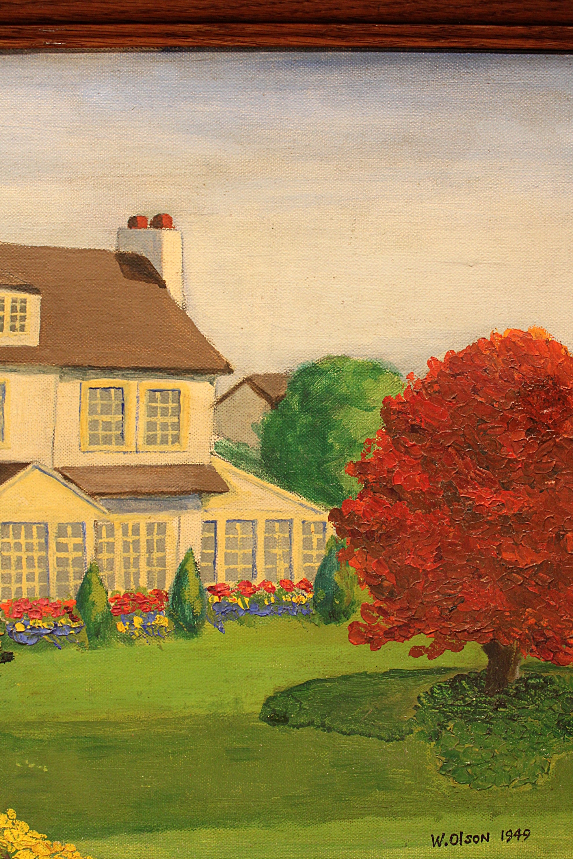 Vintage Oil Painting of House and Gardens Framed & Signed