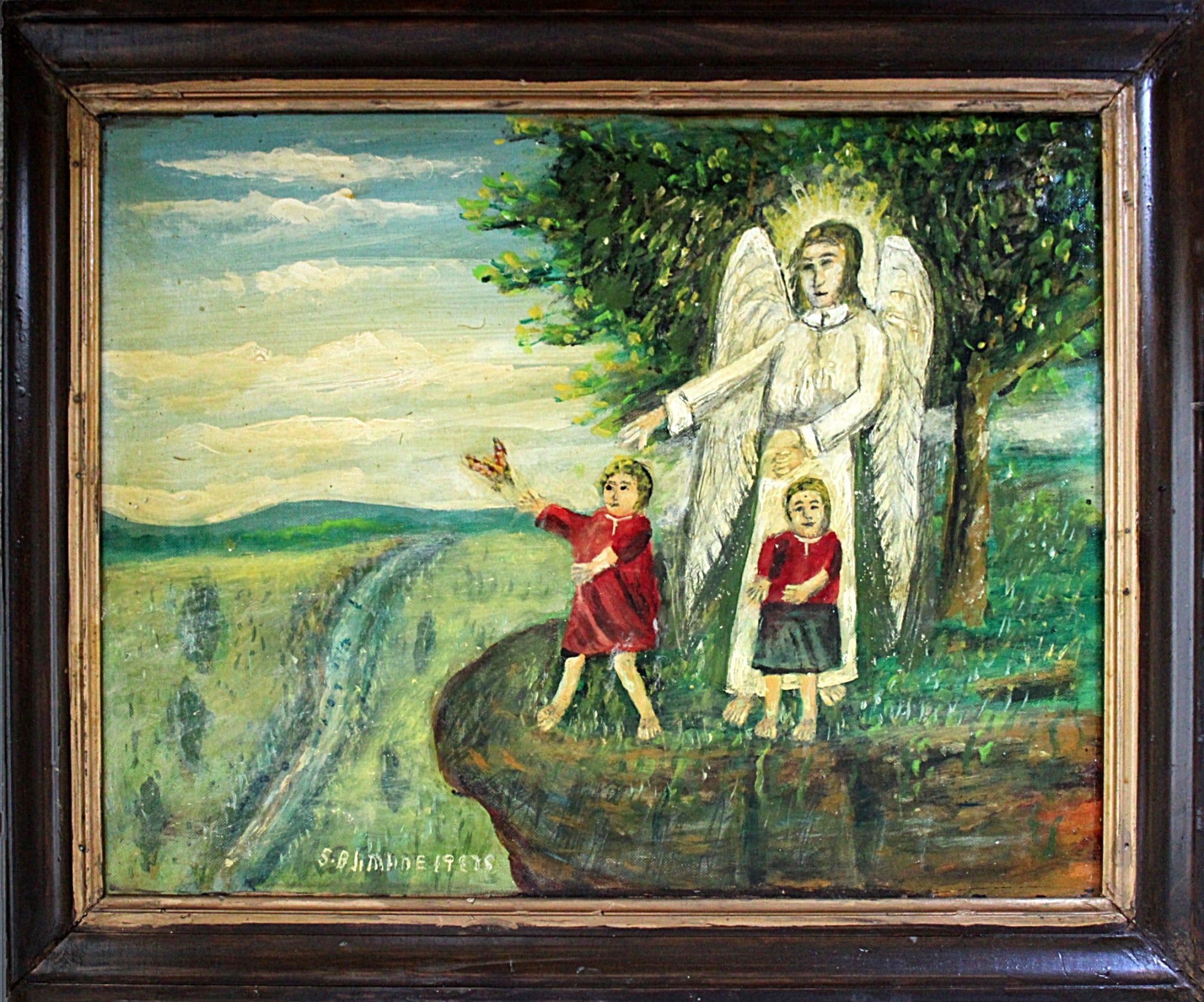 Naive Oil Painting Angel and Barefoot Girls by Reverend Samuel Blimline