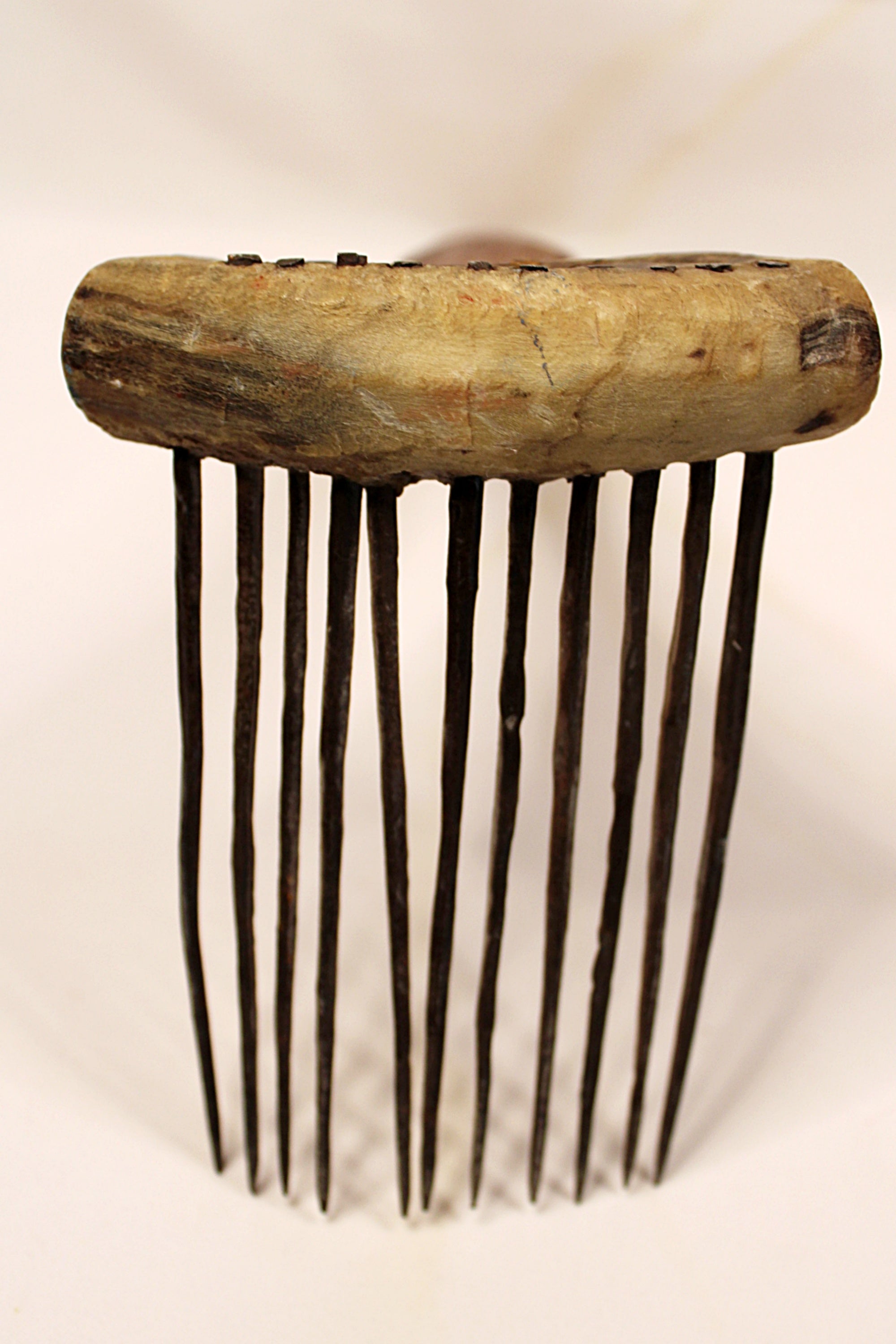 African Textile Tool Wooden Carved Fiber Comb with Forged Iron Spikes FULL FRONT VIEW